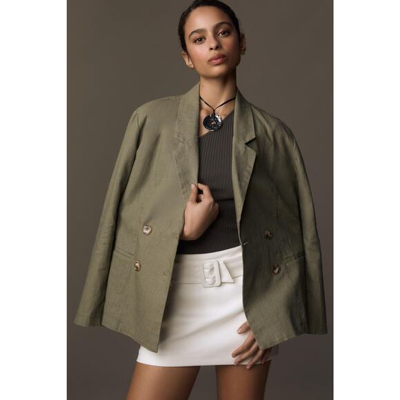 Anthropologie Dolan Slouchy Textured‎ Linen Double Breasted Blazer Green Medium - Picture 1 of 10